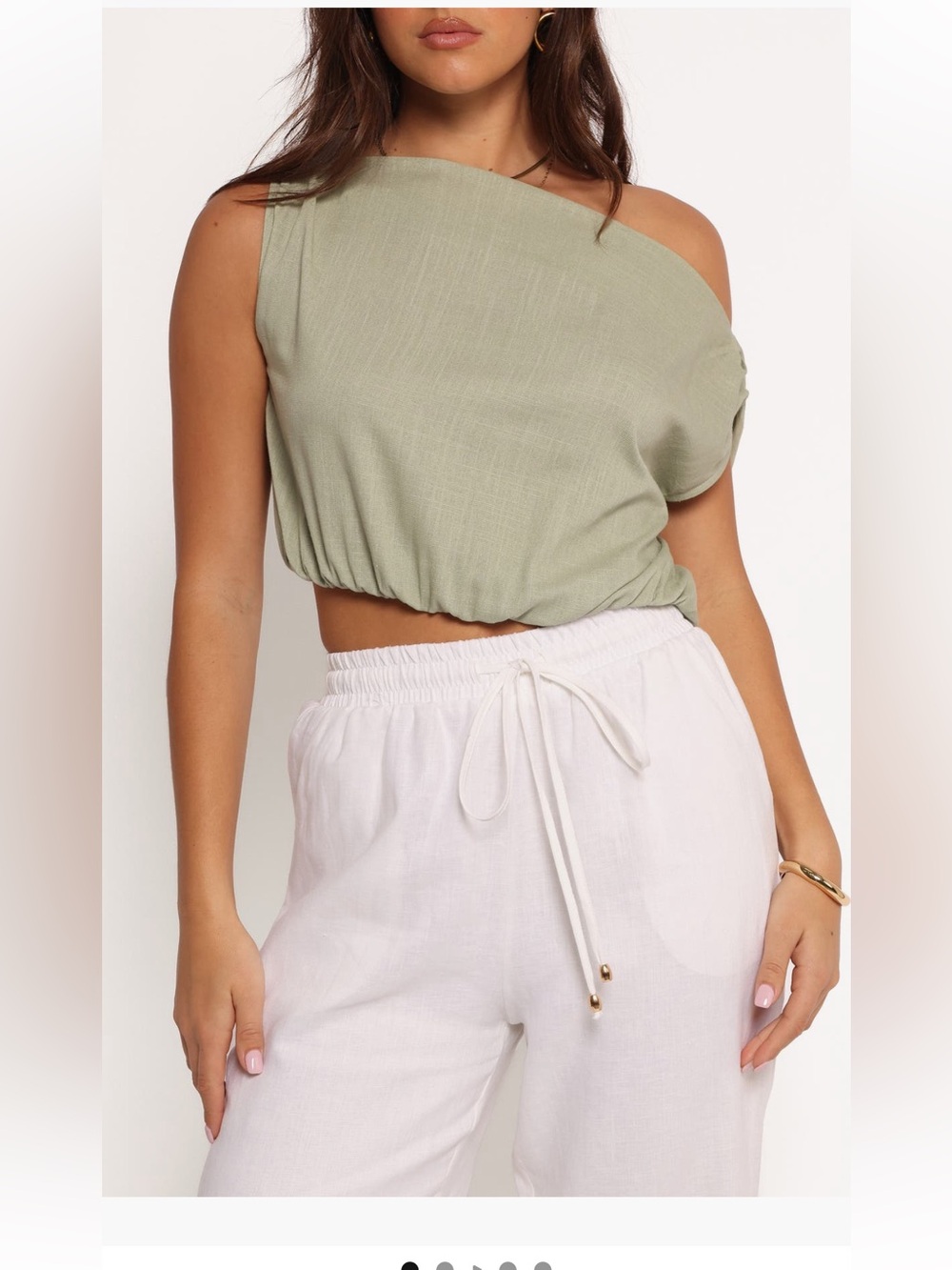 Petal & Pup One-Shoulder Sage Green Crop Top